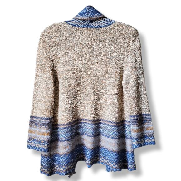 Women Beige Blue Aztec Knit Cardigan Sweater M Cotton Coastal Cowgirl Western - Picture 6 of 8